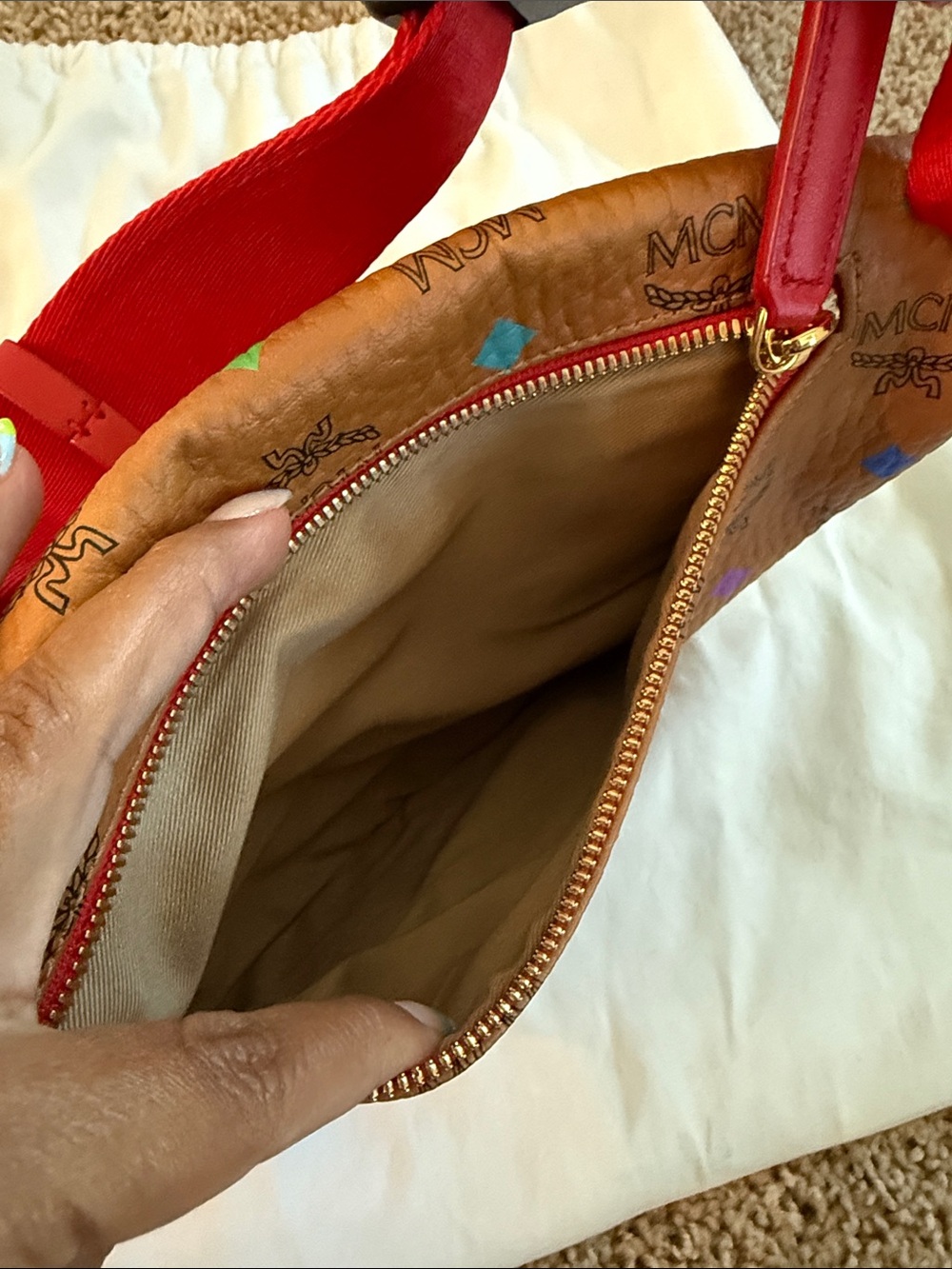 MCM Brown Visetos Leather Crossbody Belt Bag with Multicolor Diamonds - Picture 8 of 14